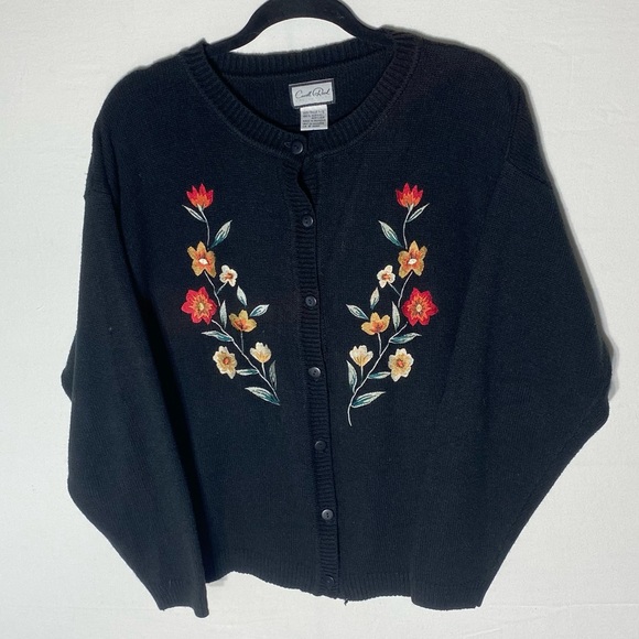 Carroll Reed Sweaters - Vintage Carroll Reed Collections Floral Embroidered Black Cardigan Sweater L